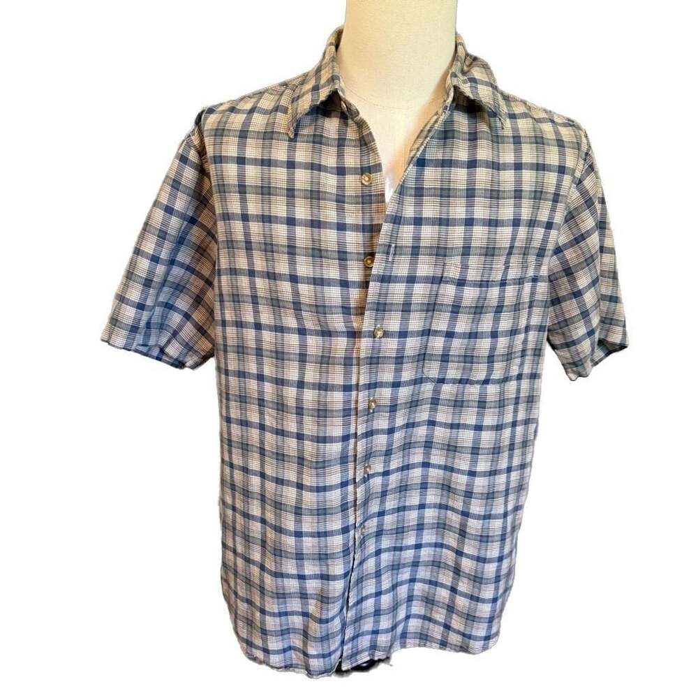 Vintage Pendleton City Linen Shirt Blue Plaid Short Sleeve Button Down Size L